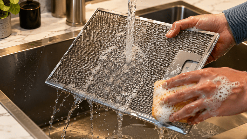 Stainless steel mesh filter being cleaned under running water in kitchen sink