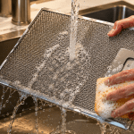 Stainless steel mesh filter being cleaned under running water in kitchen sink