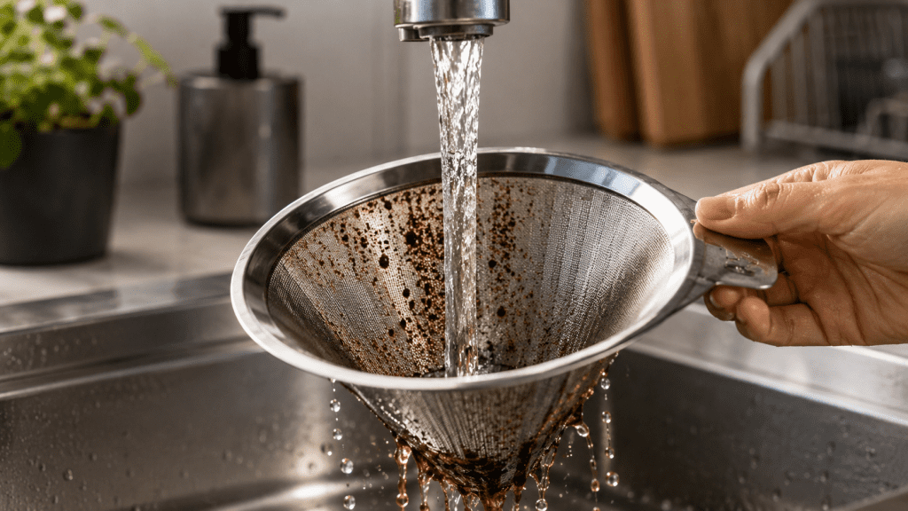 Stainless steel coffee filter being washed under running water in kitchen sink