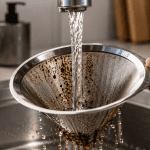 Stainless steel coffee filter being washed under running water in kitchen sink