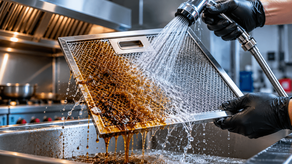 Stainless steel oil filter being cleaned under hot water removing grease and residue