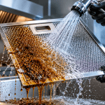 Stainless steel oil filter being cleaned under hot water removing grease and residue