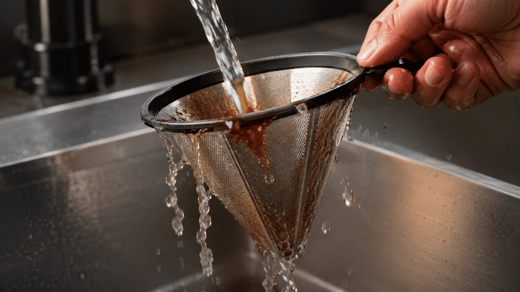 Stainless steel pour over coffee filter being cleaned under running water in kitchen sink