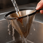 Stainless steel pour over coffee filter being cleaned under running water in kitchen sink