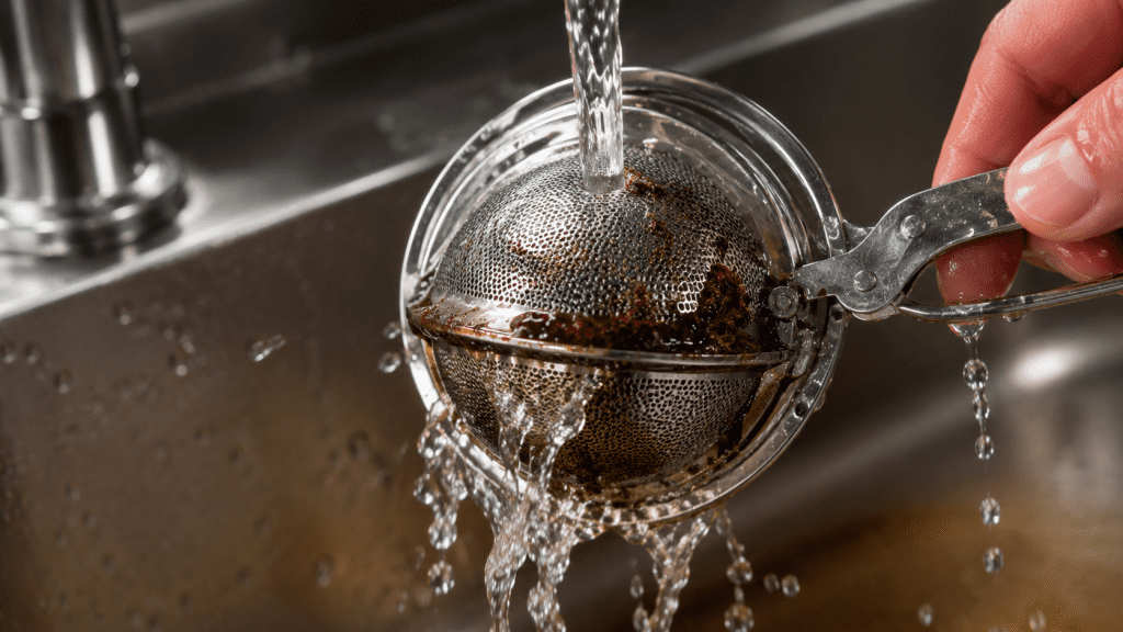 Stainless steel tea filter being cleaned under hot running water to remove tea residue and stains